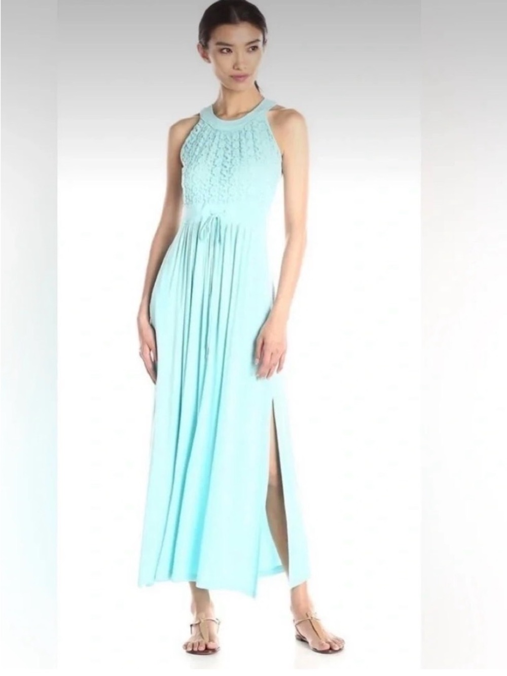 Calvin Klein Aqua Lace-Bodice Maxi Dress with Drawstring Waist